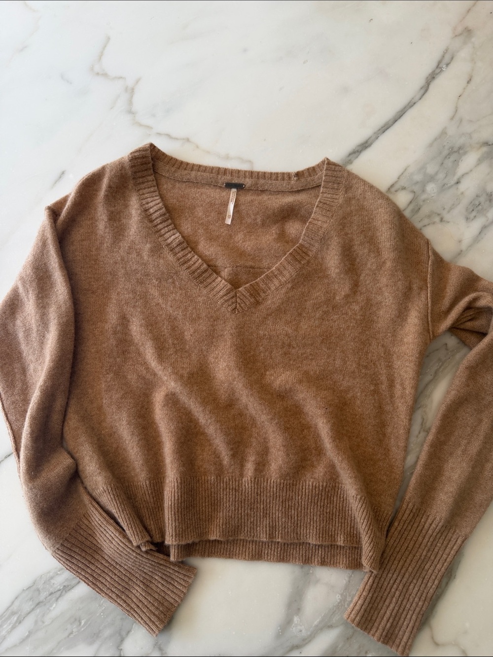 Free People V-Neck Sweater in Camel Brown